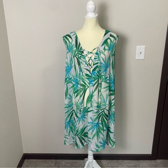 Portcruz Sheer White & Green Tropical Print Lace Up Cover Up Women's Size 2X - Picture 12 of 16
